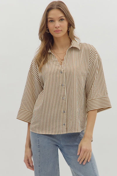 make yourself known striped button up top | brown