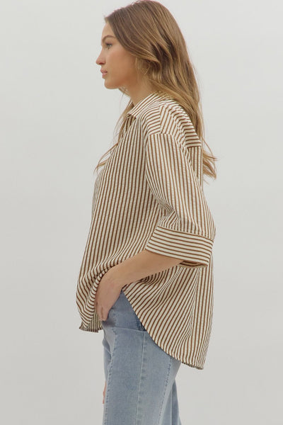 make yourself known striped button up top | brown
