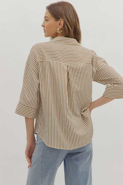 make yourself known striped button up top | brown