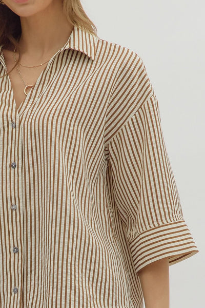 make yourself known striped button up top | brown