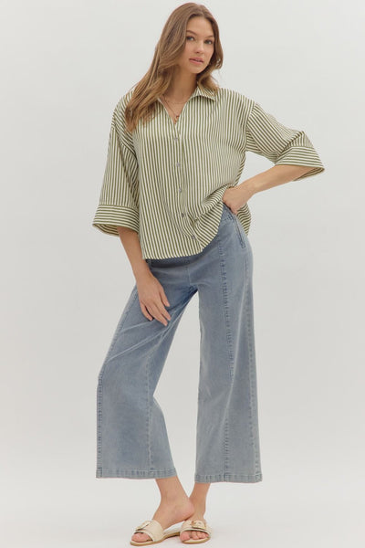 make yourself known striped button up top | olive