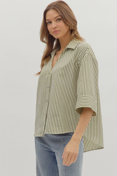make yourself known striped button up top | olive