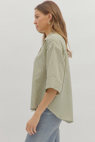 make yourself known striped button up top | olive