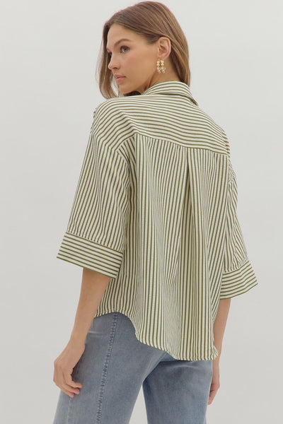 make yourself known striped button up top | olive