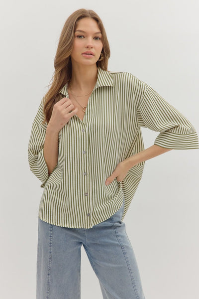 make yourself known striped button up top | olive
