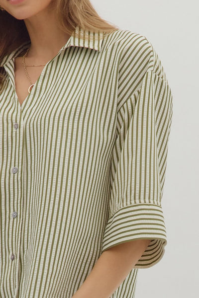 make yourself known striped button up top | olive