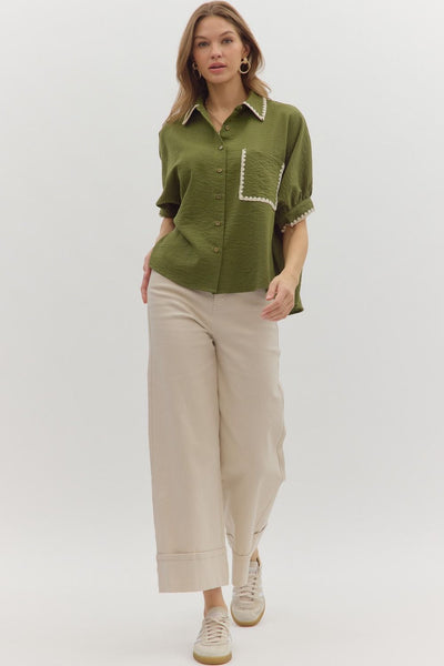 nothing to add embroidered accent top | olive