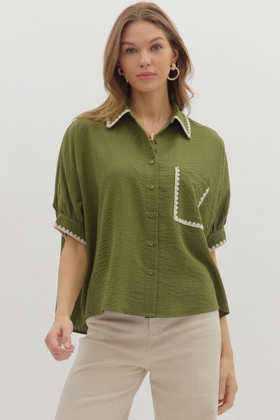 nothing to add embroidered accent top | olive