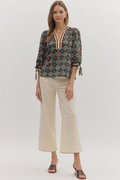 too good to miss geometric puff sleeve top | brown