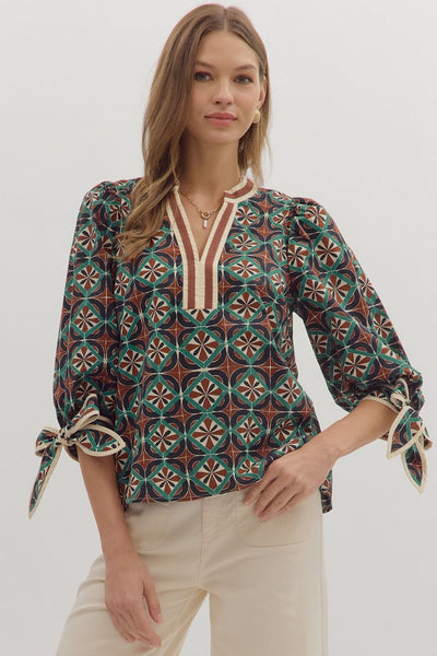 too good to miss geometric puff sleeve top | brown