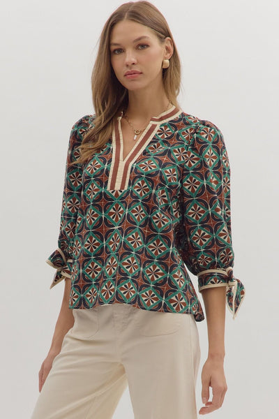 too good to miss geometric puff sleeve top | brown