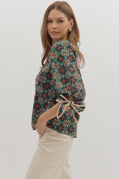 too good to miss geometric puff sleeve top | brown
