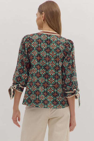too good to miss geometric puff sleeve top | brown