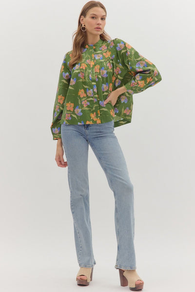skip a beat floral button front top | olive