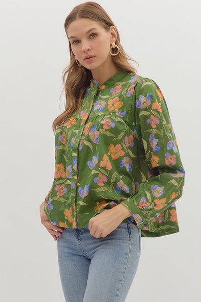 skip a beat floral button front top | olive