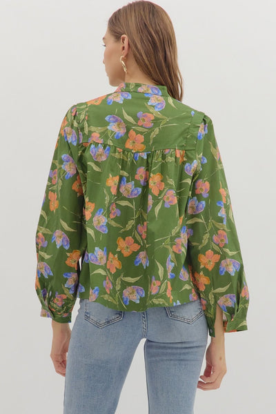 skip a beat floral button front top | olive