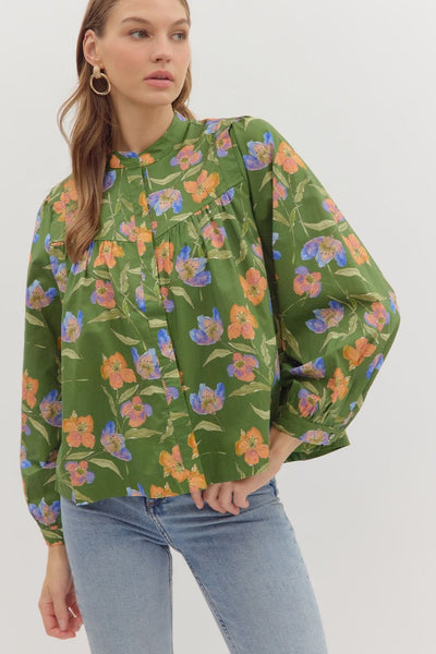 skip a beat floral button front top | olive