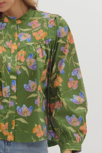 skip a beat floral button front top | olive