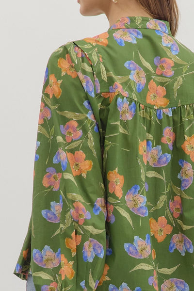 skip a beat floral button front top | olive