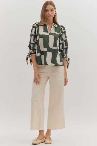 hold your own abstract puff sleeve top | hunter green