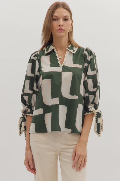 hold your own abstract puff sleeve top | hunter green
