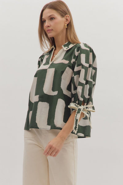 hold your own abstract puff sleeve top | hunter green
