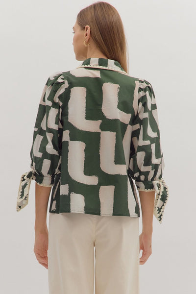 hold your own abstract puff sleeve top | hunter green