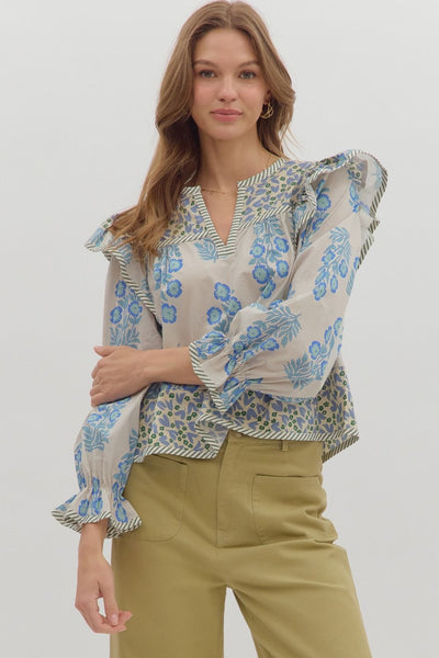 quiet radiance ruffle accent top | blue