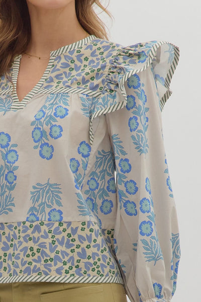 quiet radiance ruffle accent top | blue