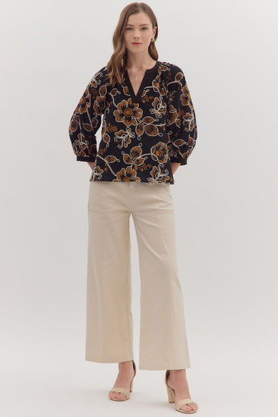 settling in embroidered botanical top | black