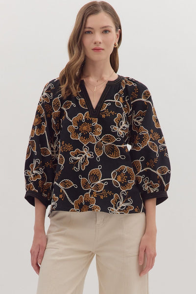 settling in embroidered botanical top | black