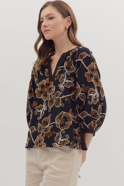 settling in embroidered botanical top | black