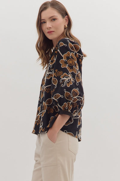settling in embroidered botanical top | black
