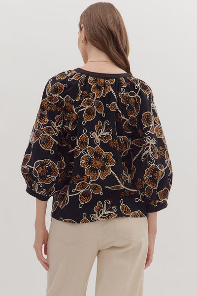 settling in embroidered botanical top | black