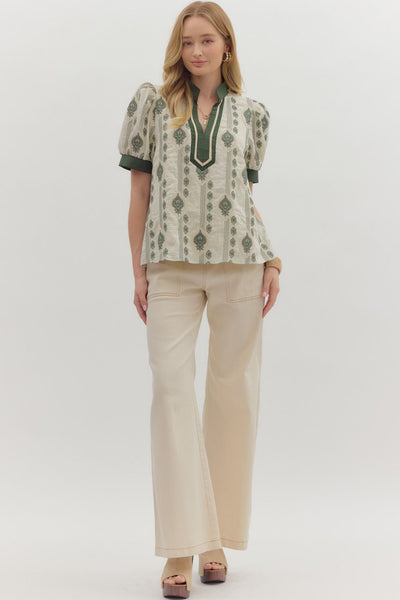 endless compliments abstract embroidered puff sleeve top | olive