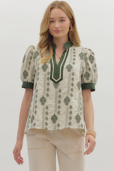 endless compliments abstract embroidered puff sleeve top | olive