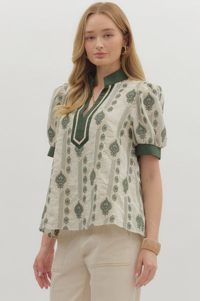 endless compliments abstract embroidered puff sleeve top | olive