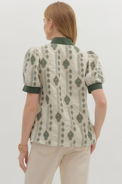 endless compliments abstract embroidered puff sleeve top | olive