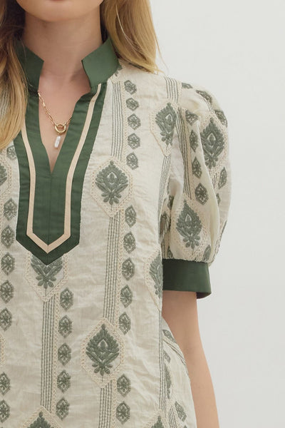 endless compliments abstract embroidered puff sleeve top | olive