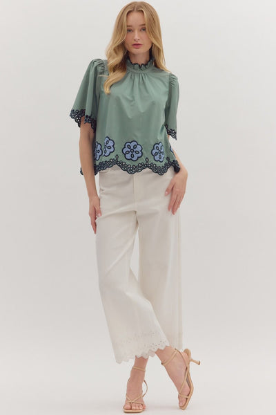 on good terms embroidered flutter sleeve top | dark sage