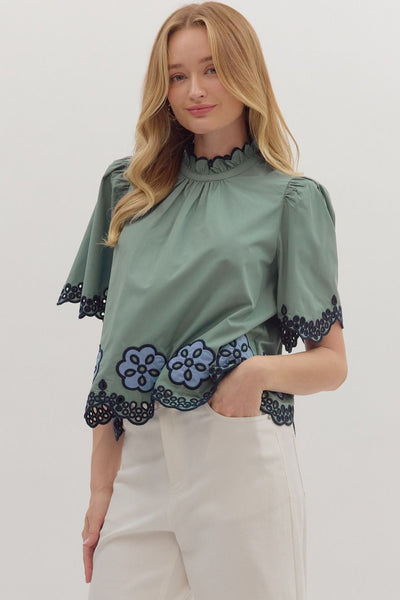 on good terms embroidered flutter sleeve top | dark sage