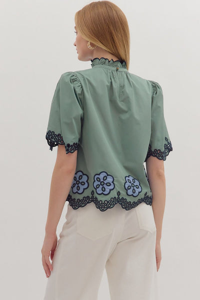 on good terms embroidered flutter sleeve top | dark sage