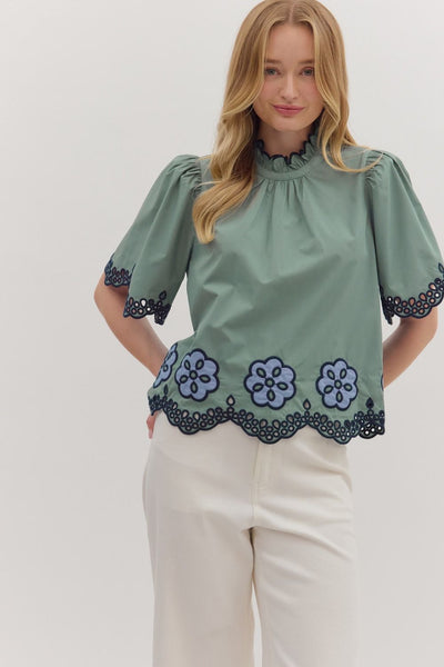 on good terms embroidered flutter sleeve top | dark sage