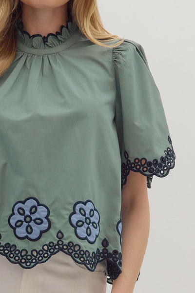 on good terms embroidered flutter sleeve top | dark sage