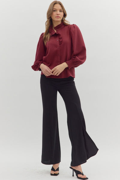 lingering memories ruffle accent top | burgundy