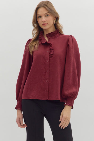 lingering memories ruffle accent top | burgundy