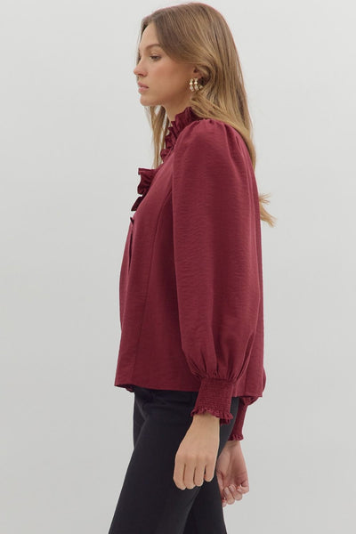 lingering memories ruffle accent top | burgundy