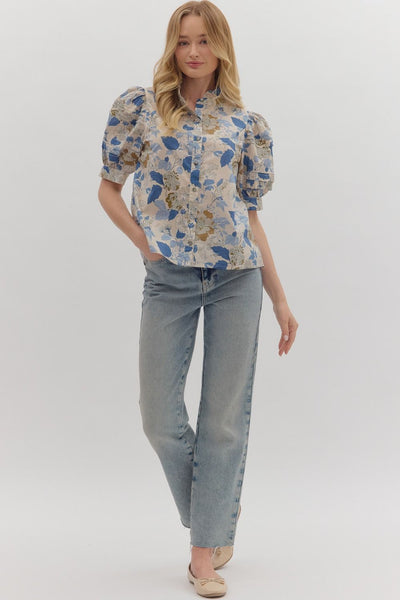 time on my hands floral puff sleeve top | blue