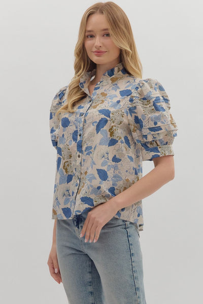 time on my hands floral puff sleeve top | blue
