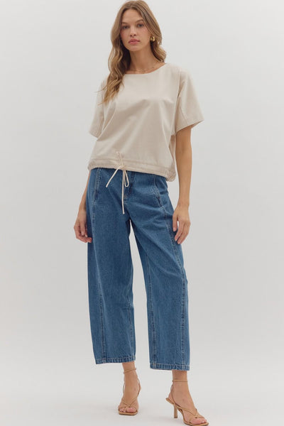 in my place drawstring hem knit top | ecru